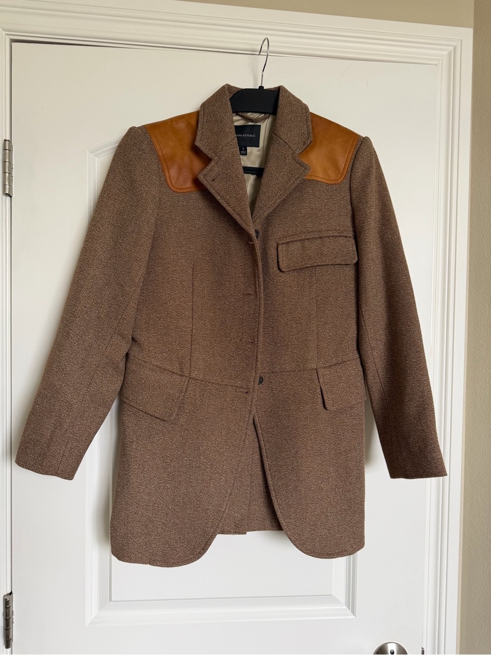 Banana Republic Brown Wool-Blend Peacoat with Tan Leather Shoulders